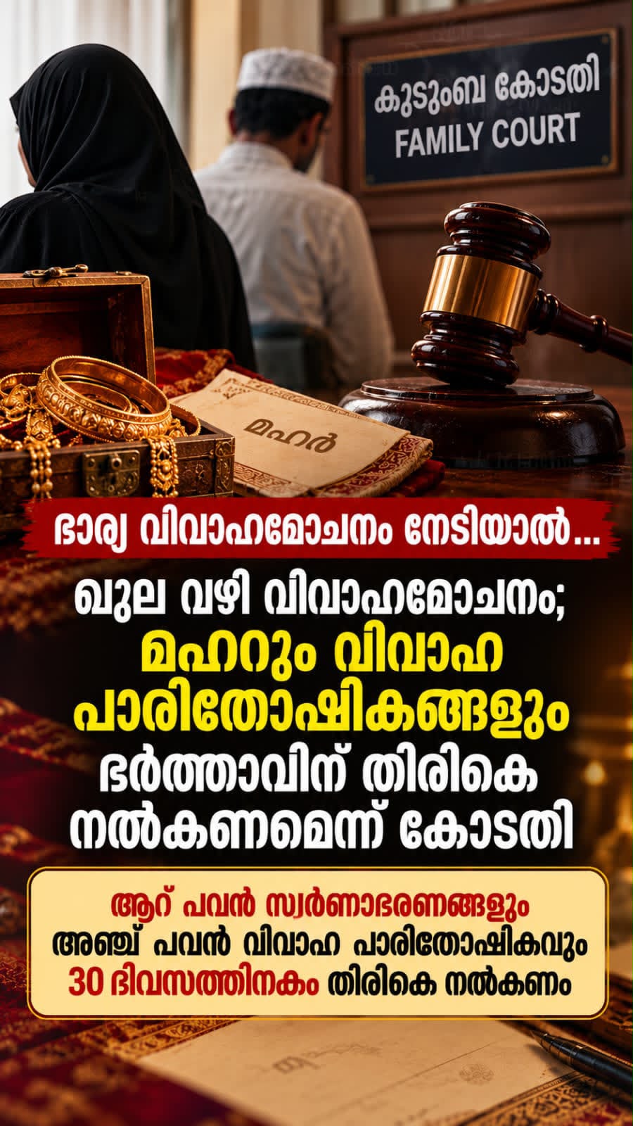 ഖുലയിലൂടെ ബന്ധം വേർപെടുത്തിയാൽ മഹറും ആഭരണങ്ങളും തിരികെ നൽകണം; രാജ്യത്ത് ആദ്യമെന്ന് അഭിഭാഷകൻ